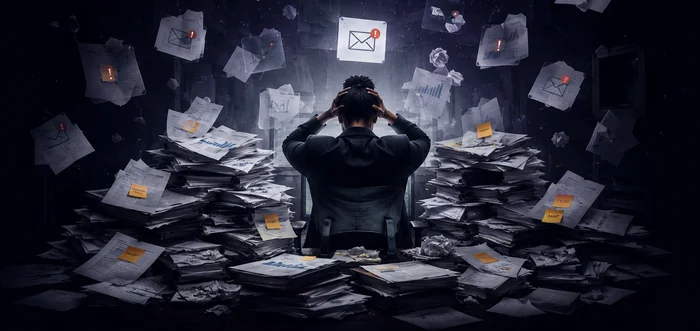 Overwhelmed founder buried in paperwork and alerts