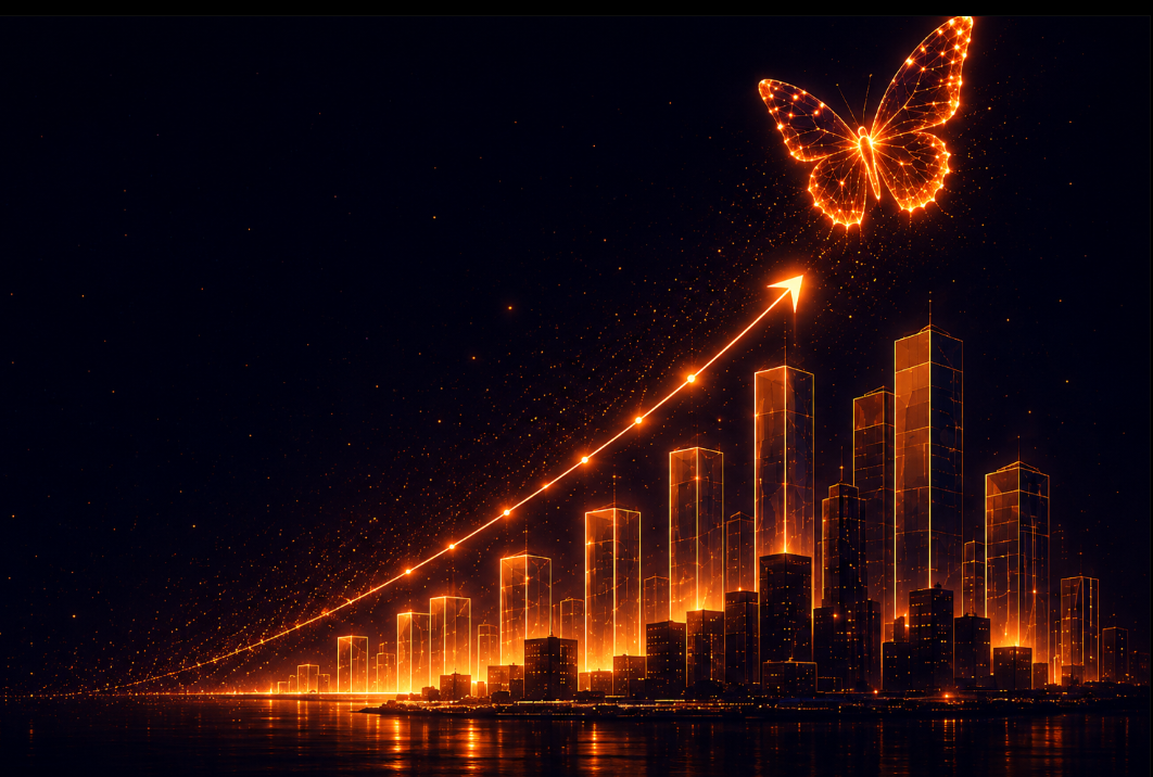 Rising growth chart with a butterfly over a city skyline