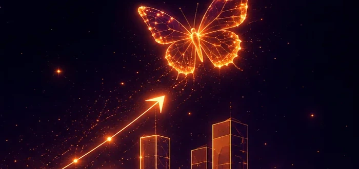 Rising growth chart with a butterfly over a city skyline